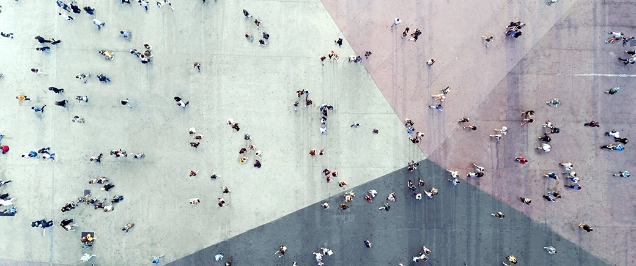 Birds eye view of people in a pedestrianised area